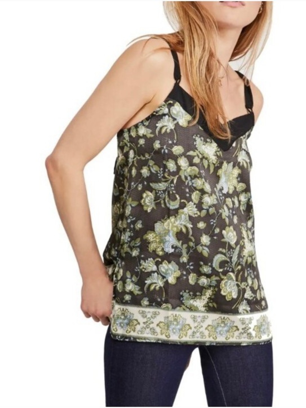 Free People Solstice Floral Satin Cami Tank Top In Green/Black Women's